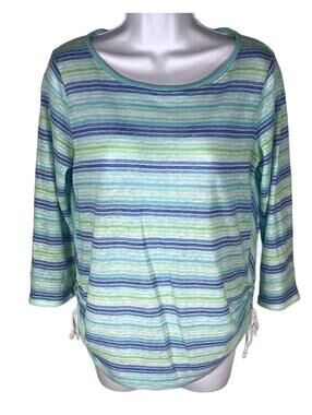 Talbots Blue Green Striped Linen Side Cinch Top Coastal Grandmother Linen  MP